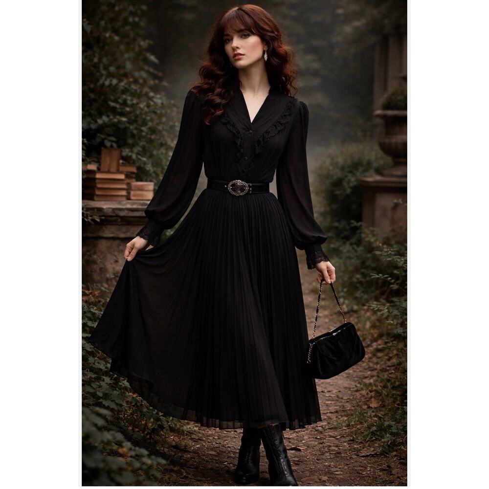 Vtg 70s Black Prairie Midi Dress Pleated Lace Ruffle Victorian Dark Academia NWT